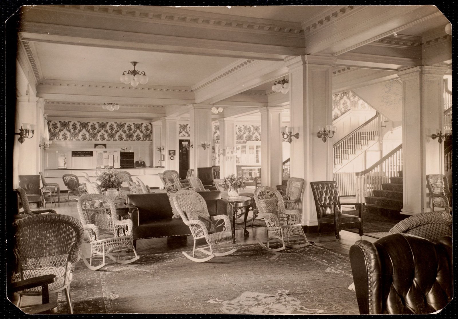 Aspinwall Hotel: wicker chairs in front of registration desk. about 1902–1918.