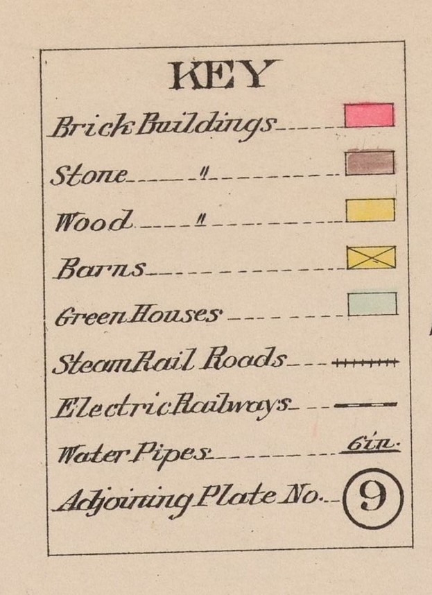 The key printed on every plate: Brick Buildings, Stone, Wood, Barns, Green Houses, Steam Rail Roads, Electric Railways, Water Pipes 6 in., Adjoining Plate No.