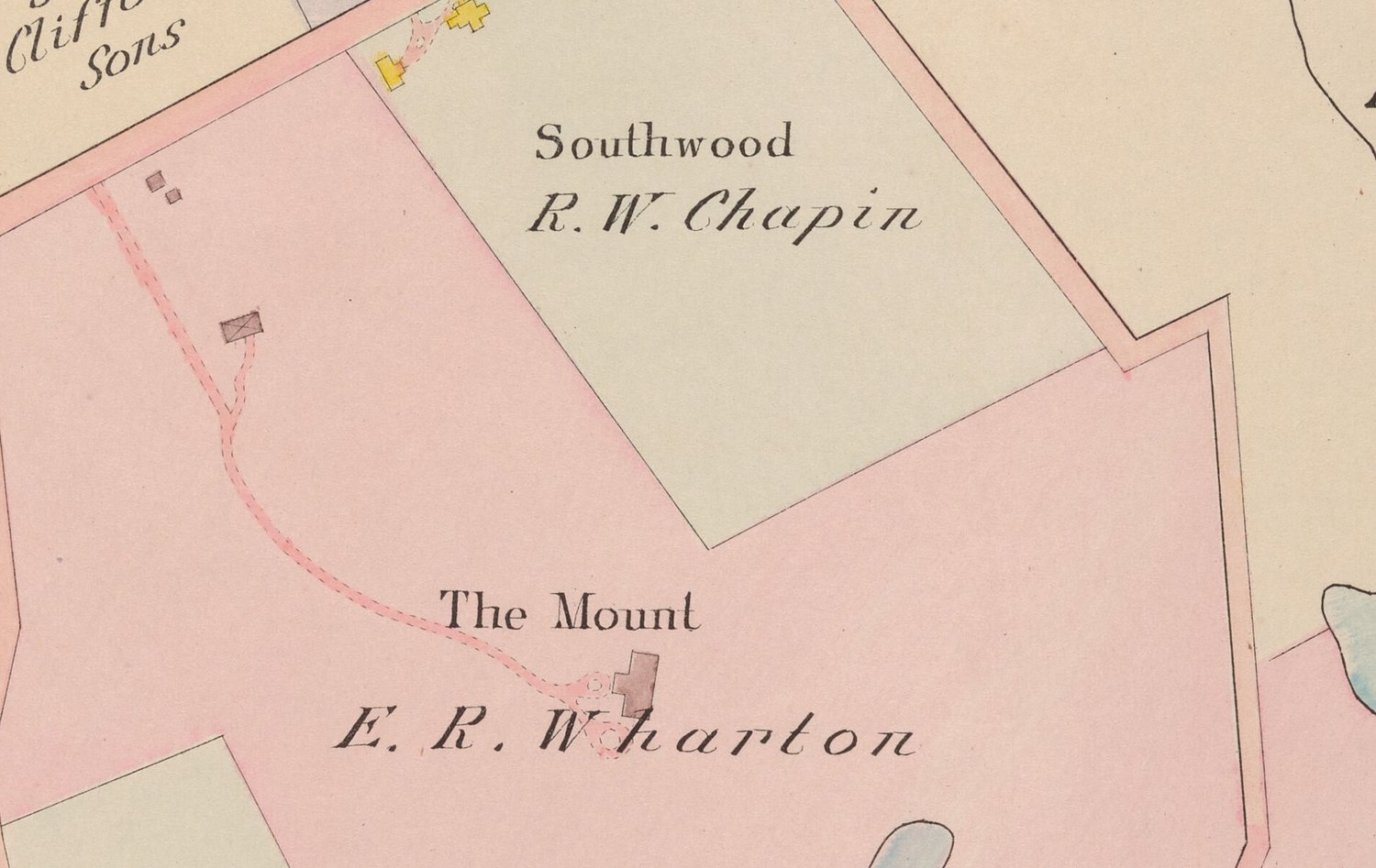The Mount on plate 22, with E. R. Wharton’s name under it, the drive curling up from Plunkett Street, and Southwood, Carnduff and the Clifford parcel around it.