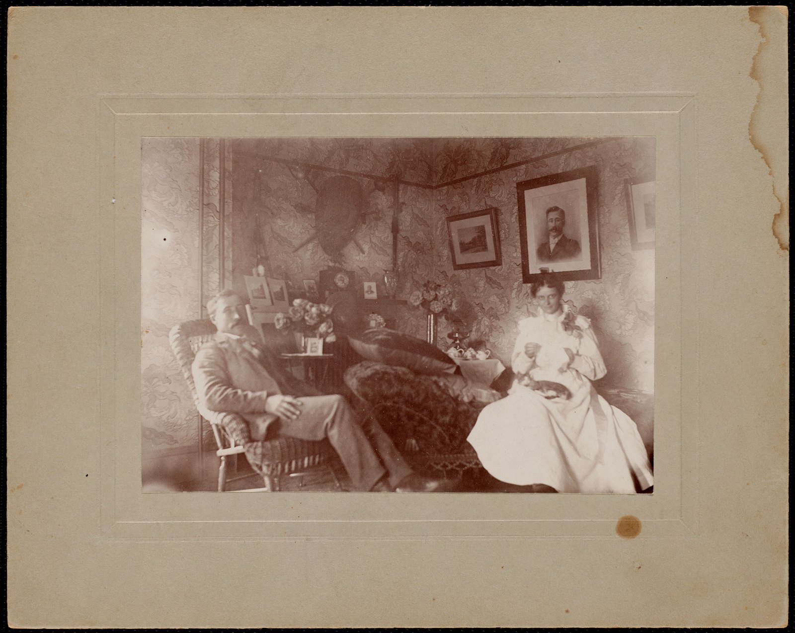 “Mr. & Mrs. Alfred H. Wingett at estate managers’ home, Allen Winden Farm.” The manager and his wife in their own parlor, with their own photographs on the wall — one of the very few interiors in the Berkshire collections that belongs to a member of staff.
