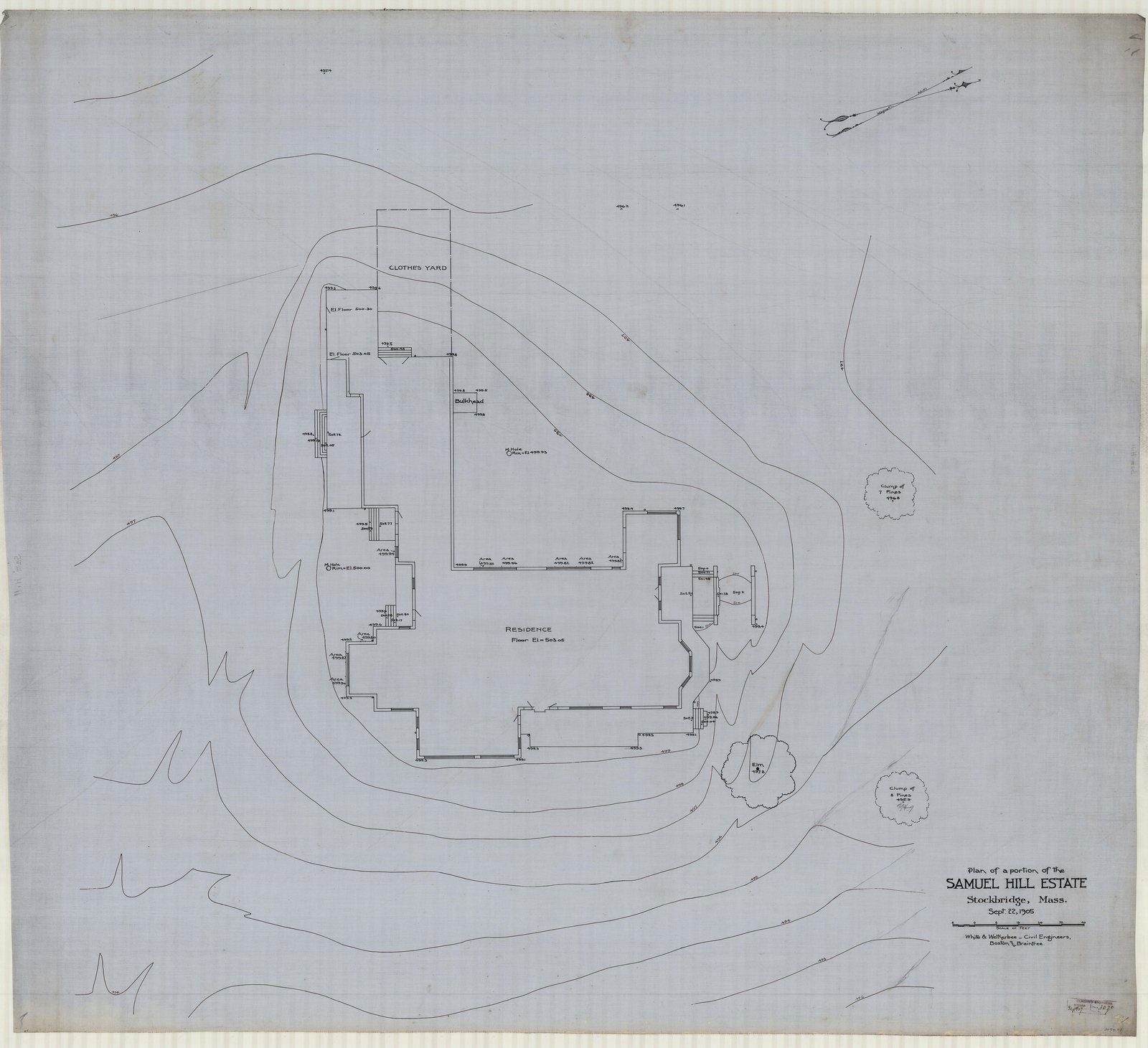 Plan 1, 22 September 1905. “Plan for a Portion of the Samuel Hill Estate, Stockbridge, Mass.” Eight feet to the inch, on a sheet 52½ by 48½ inches.