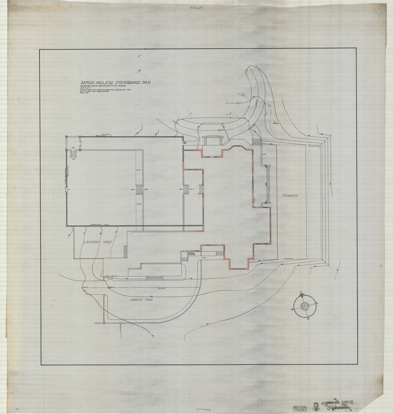 Plan 10, 10 October 1905. “Grading Plan for Vicinity of House.” An eighth of an inch to the foot; the new work in red.