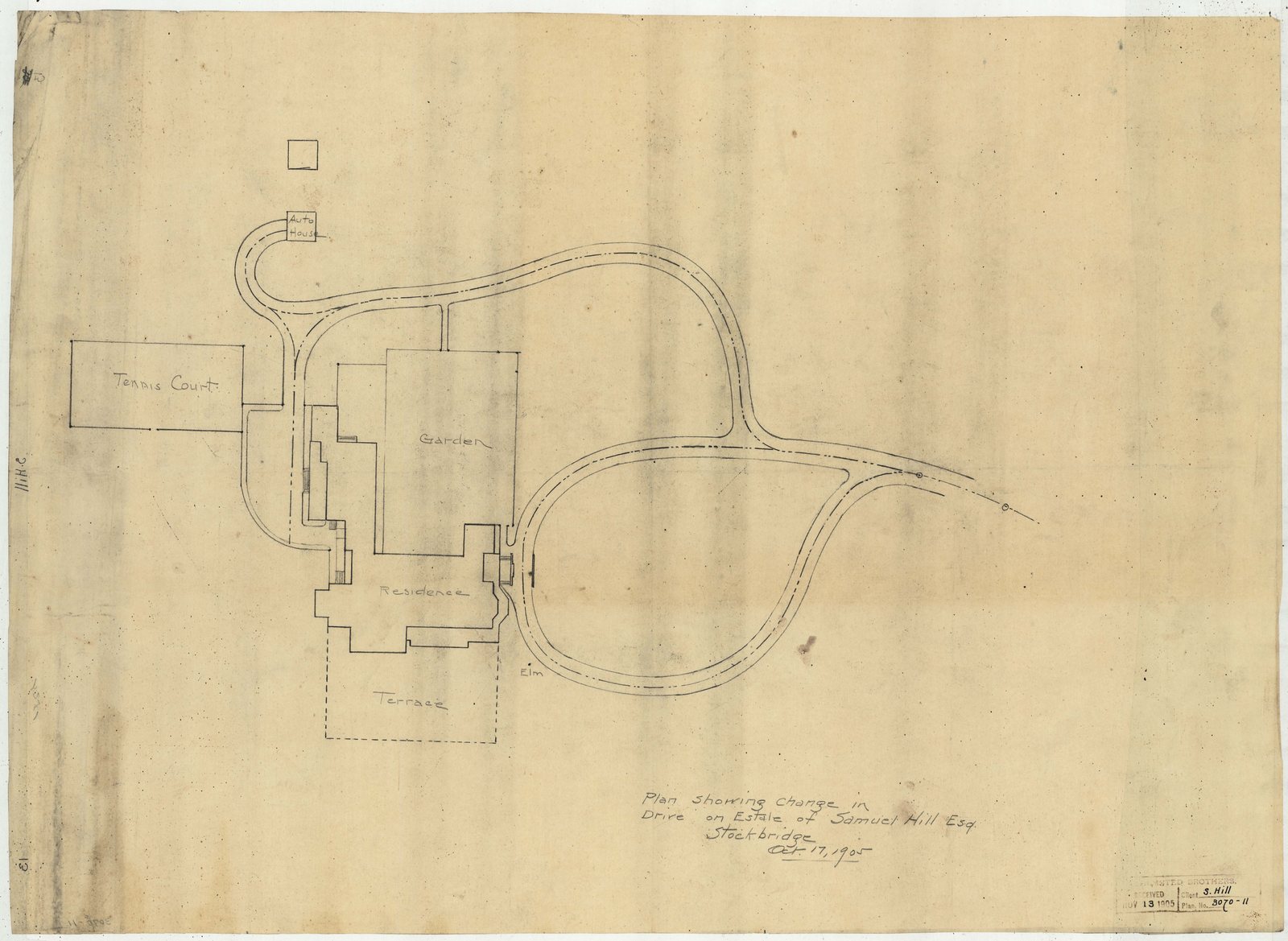 Plan 11, 17 October 1905. “Plan Showing Change in Drive on Estate of Samuel Hill, Esq.” The inventory notes what it shows: “Auto House, Tennis Courts.”