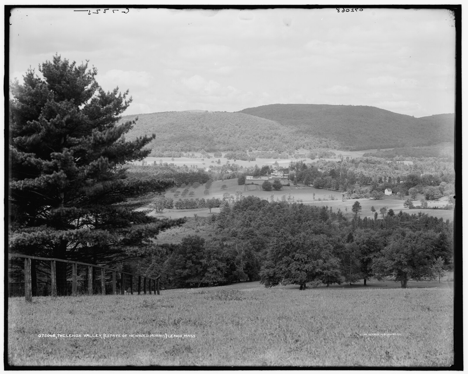 “The Lenox Valley, estate of Newbold Morris, Lenox, Mass.” Detroit Publishing Company negative 072068, catalogued 1905 — the view out, from a hillside pasture behind a split-rail fence, rather than the house.
