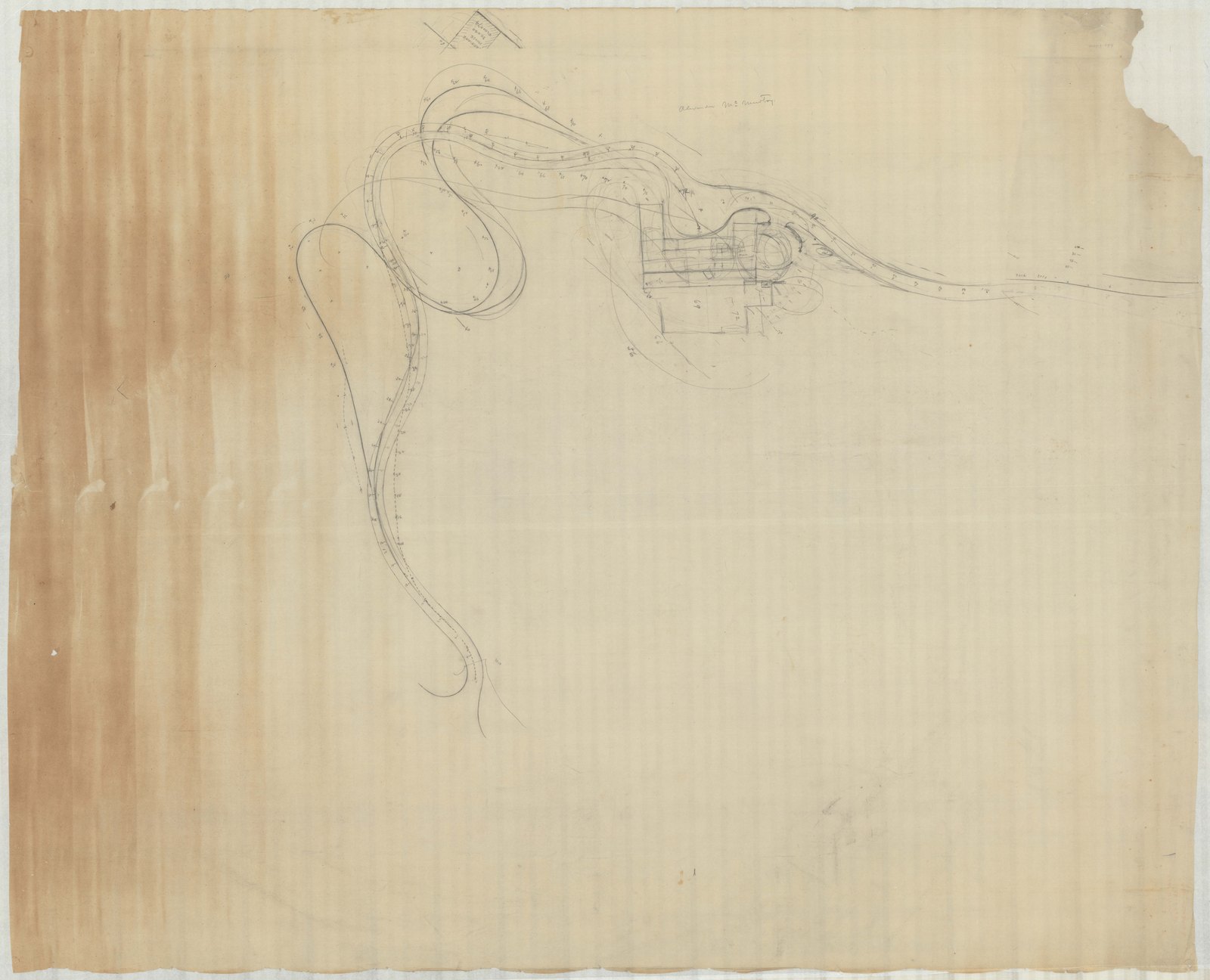 Job 01041, plan 1, sheet 1, June 1888: the drive studies for the place now called Belvoir Terrace. The archive transcribes the title as “M.K. JESSUP, ESQ. STUDIES” and notes a second sheet overlaid on this one with a different road layout, carrying the name Alexander McMurtry, which the inventory records without saying what he did. Thirty-six by forty-five inches.