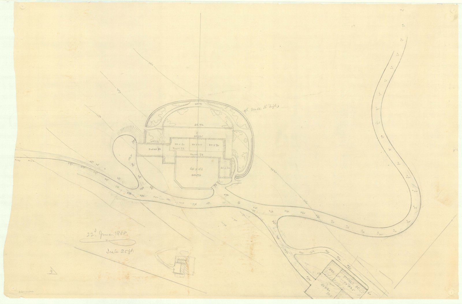 Plan 1, sheet 2, 22 June 1888. “SCALE 25 FT.” The overlay for sheet 1: “HOUSE & STABLE FLOOR PLANS AND ROAD CONNECTING.”