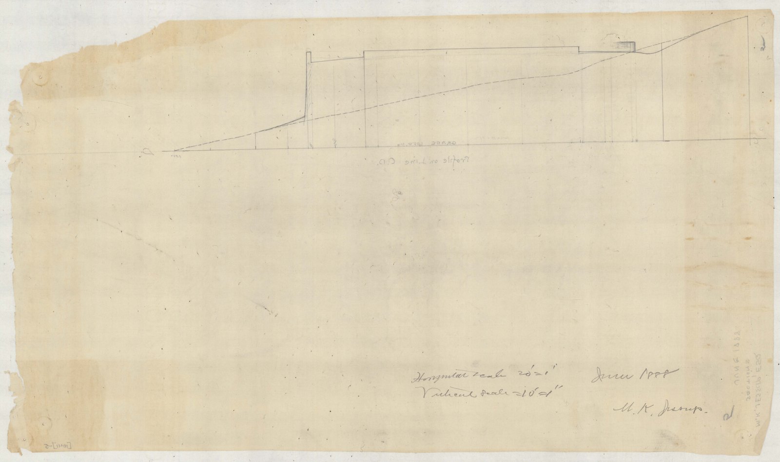 Plan 5, June 1888. “M.K. Jessup / M.K. Jessup, Esq. Sections” on the verso. Horizontal twenty feet to the inch, vertical ten. Inventory note: “[Profile & Grade]”.