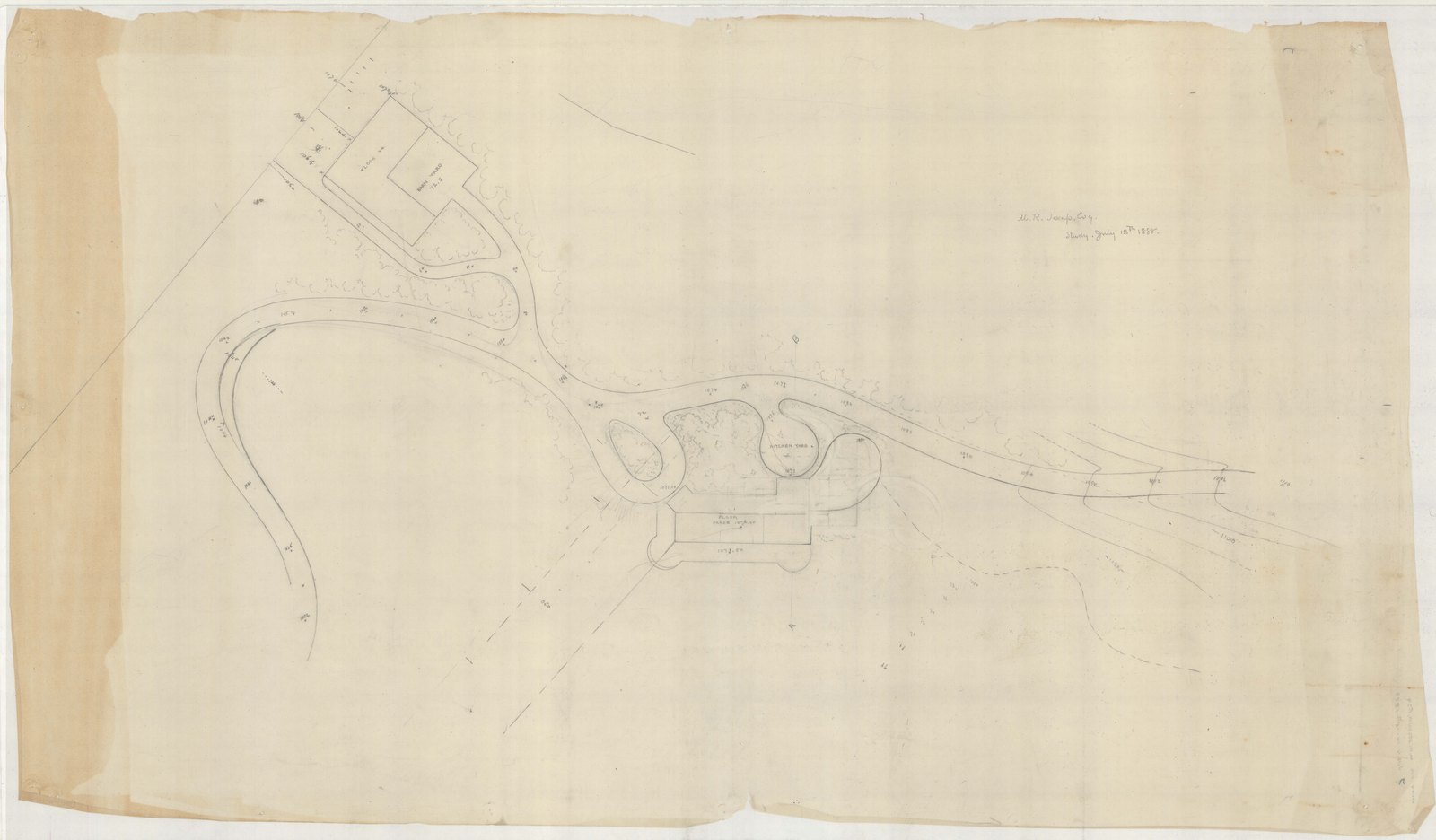 Plan 6, tracing 2, 12 July 1888 on the recto, 14–15 July on the verso. “M.K. Jessup, Esq. / Study.” Inventory note: “[Grading for Roads]”.