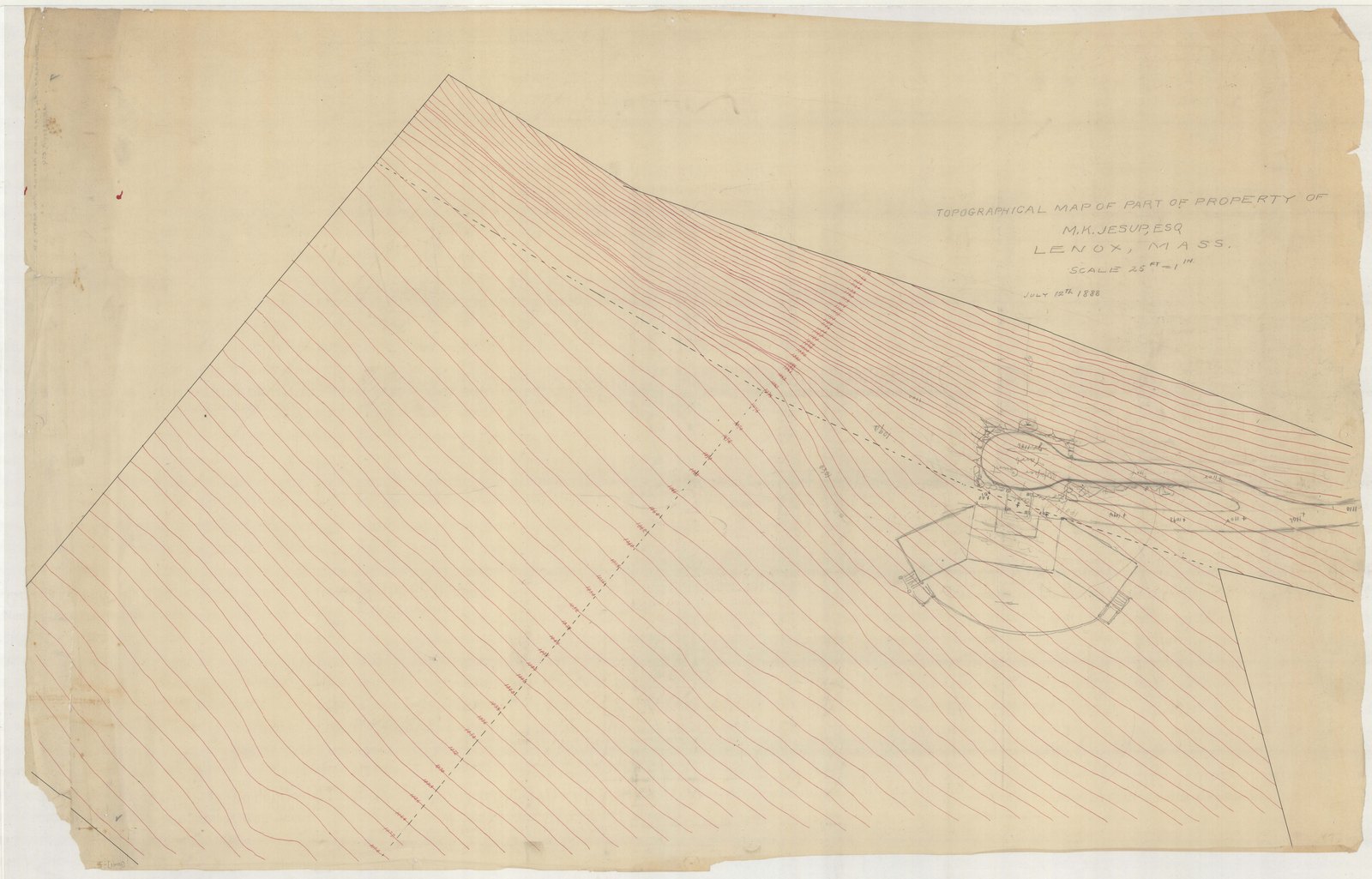 Plan 7, 12 July 1888. “Topo. Map of Part of Property of M.K. Jessup, Esq / Lenox, Mass.” Twenty-five feet to the inch. Inventory note: “[Rough sketch over topo.]”