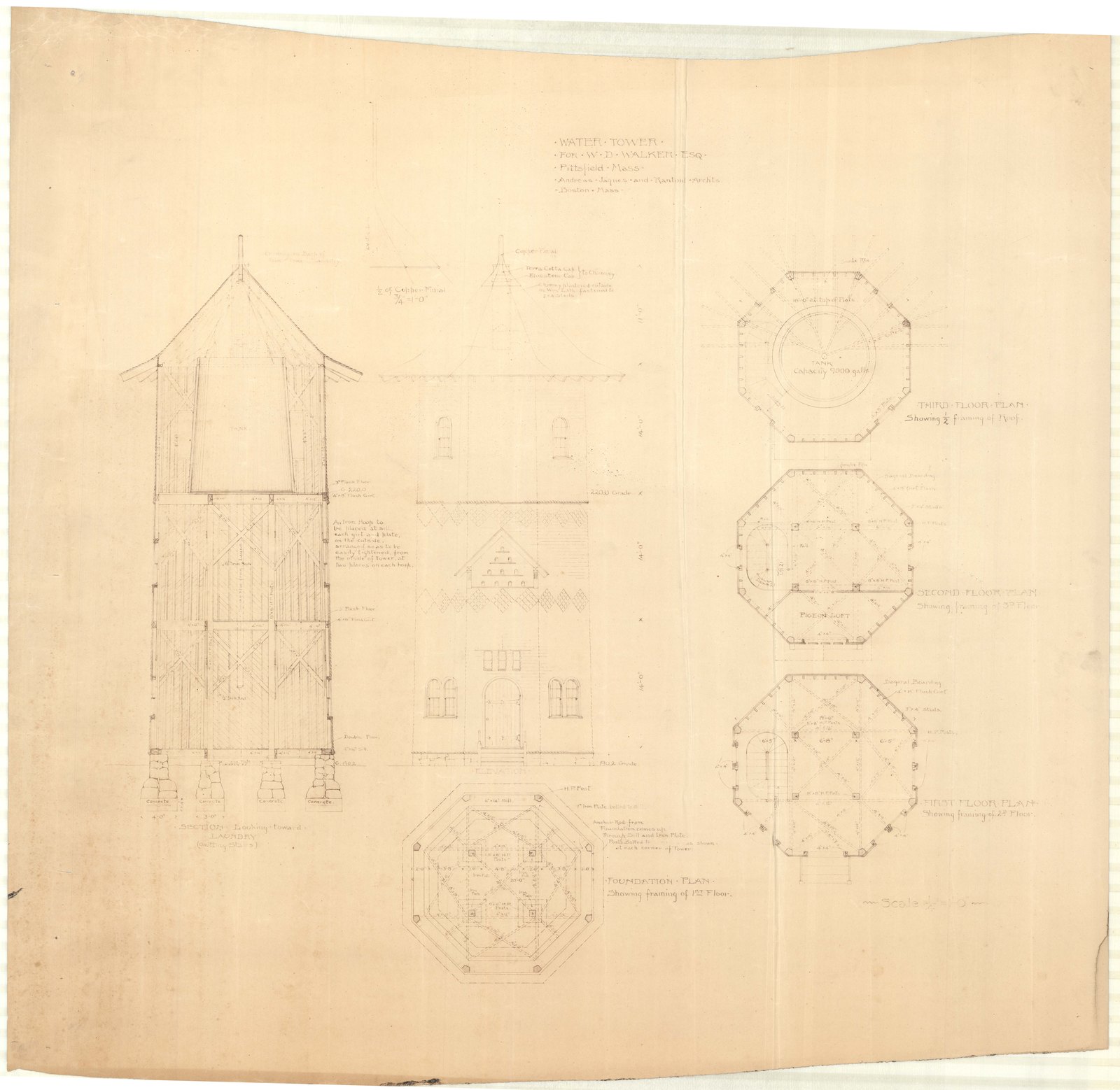Elevation with the plans drawn at three levels. Olmsted job 01092.