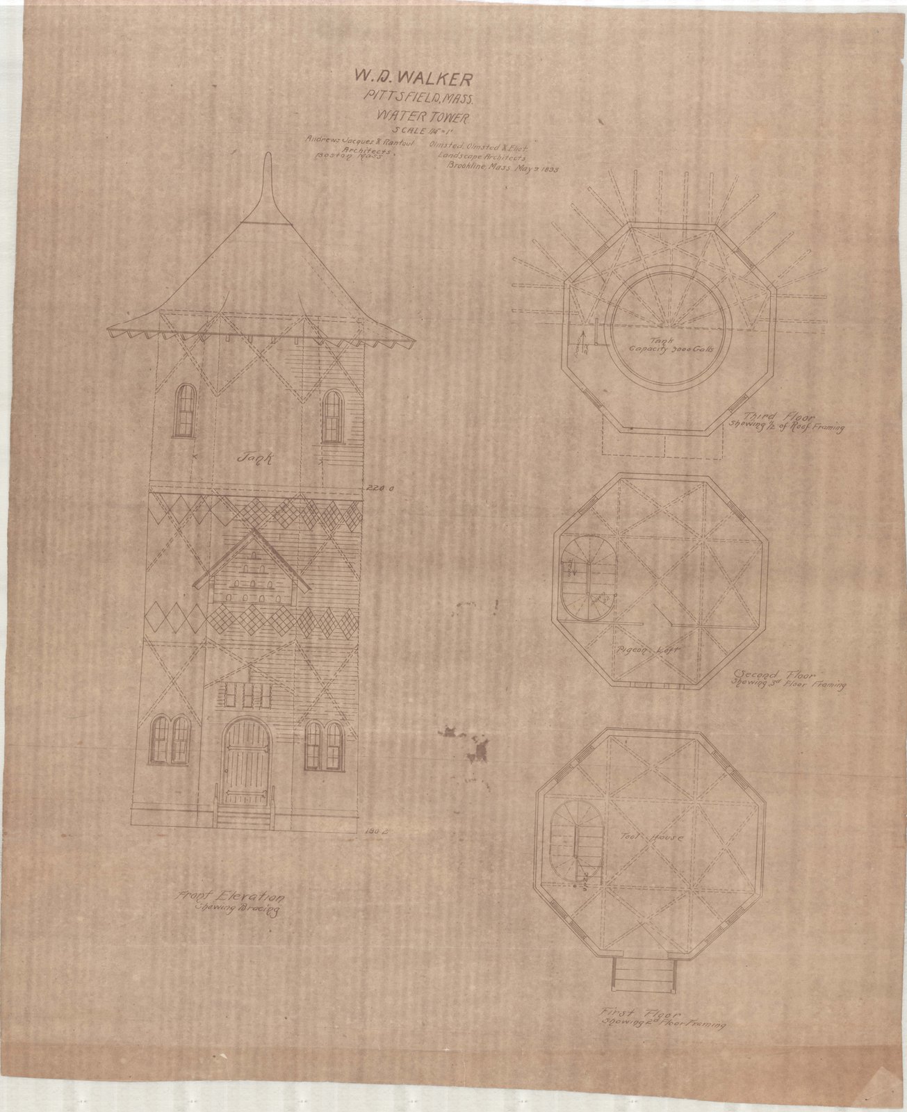 Elevation and plans, the sheet browned. Olmsted job 01092.