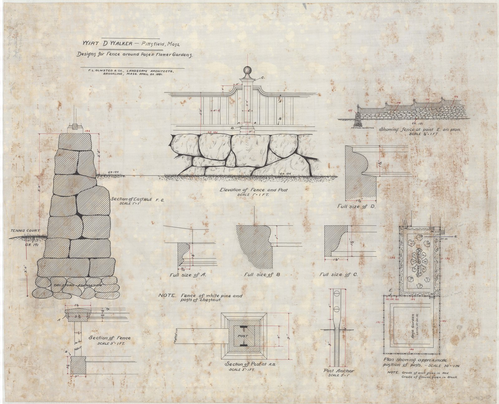 Sheet of construction details: sections through a dry stone wall, steps, and the pieces of a gate. Olmsted job 01092.
