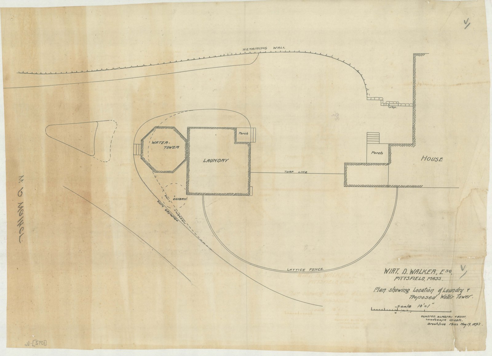 Plan showing the tower and the buildings near it. Olmsted job 01092.