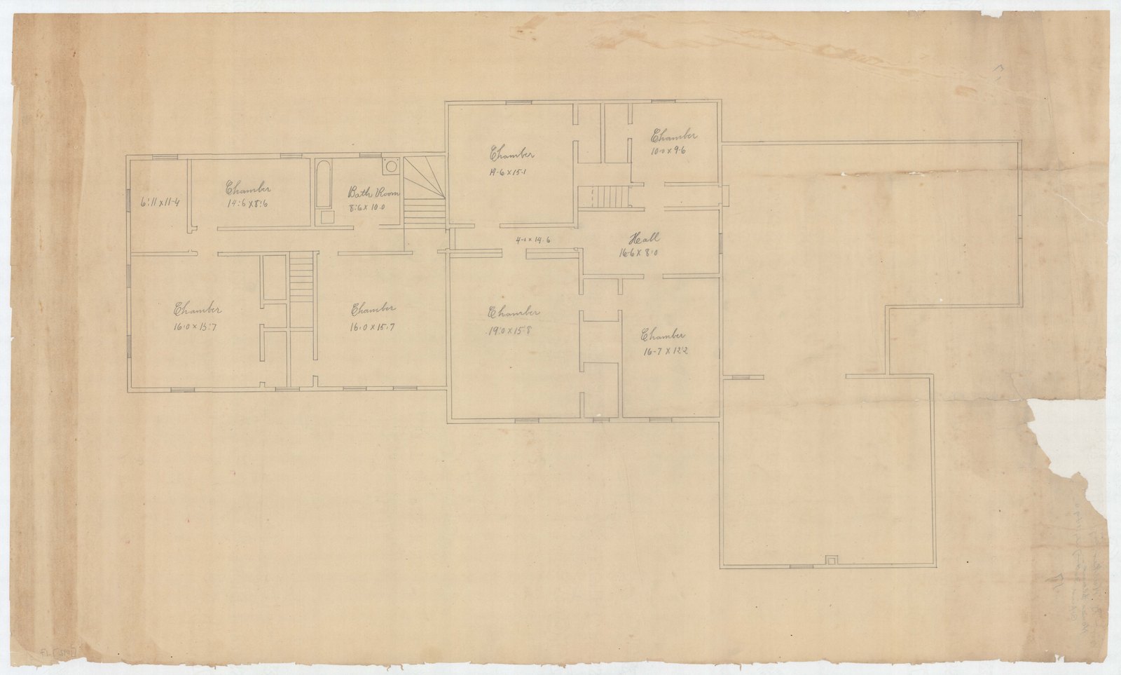 Floor plan of an outbuilding range, the rooms named. Olmsted job 01092.