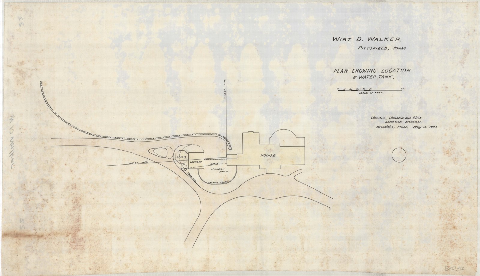 Plan locating the water tower on the ground, the drive running past it. Olmsted job 01092.