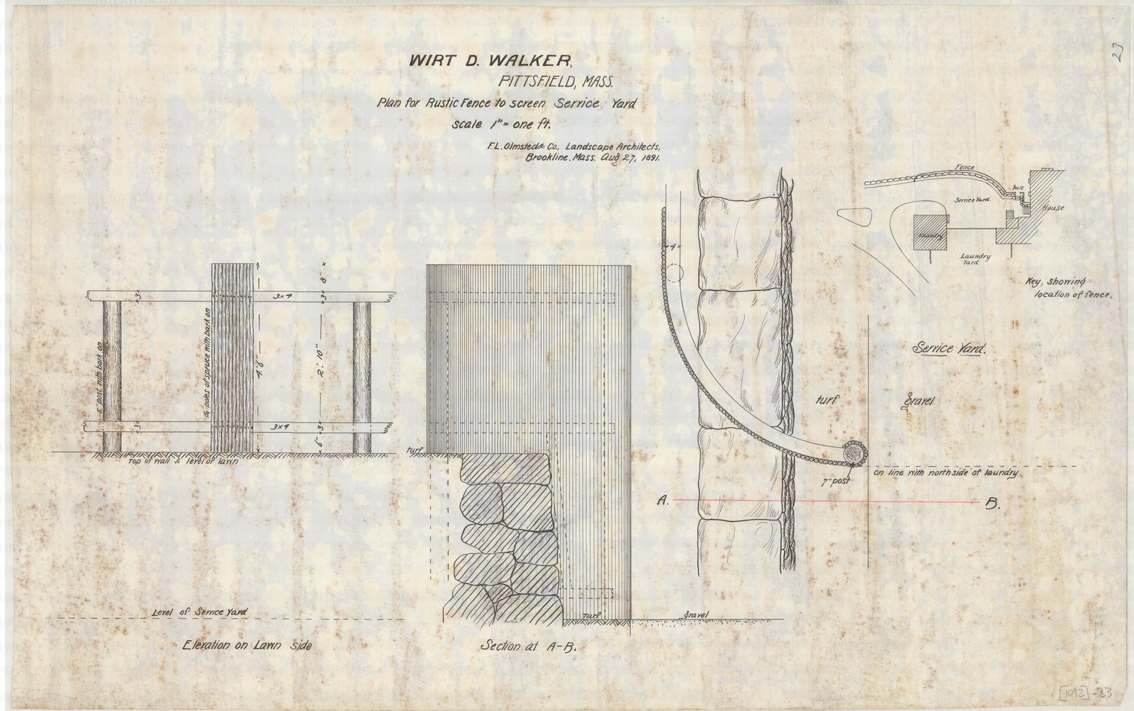 Sheet of details: wall sections, paving and a hinge. Olmsted job 01092.