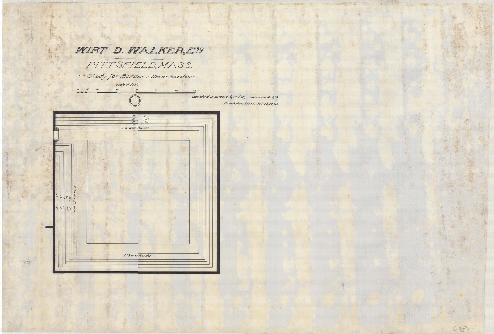 “WIRT D. WALKER, Esq. PITTSFIELD, MASS. — Study for Border Flower Garden.” Olmsted, Olmsted & Eliot, Landscape Archts, Brookline, Mass., Oct. 12, 1893.