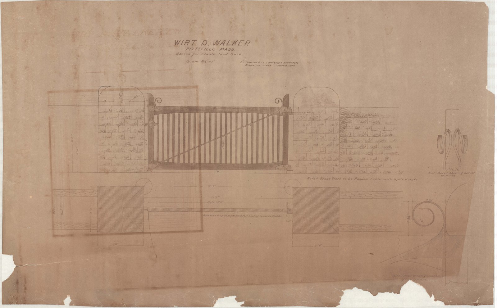Elevation of a close-boarded gate set in a masonry wall. Olmsted job 01092.