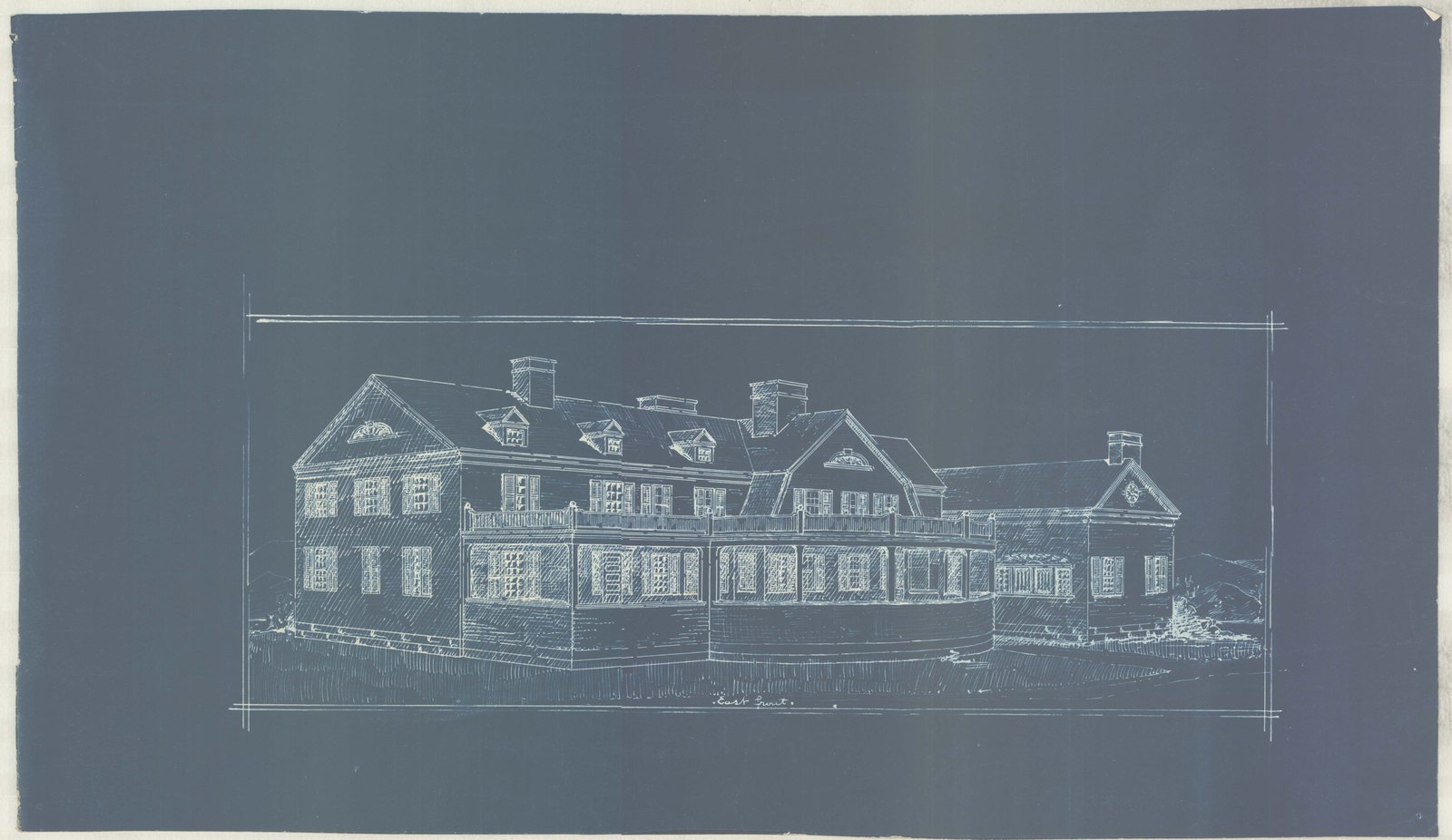 Blueprint elevation of the house — long, gabled, with dormers and chimneys. Olmsted job 01092.