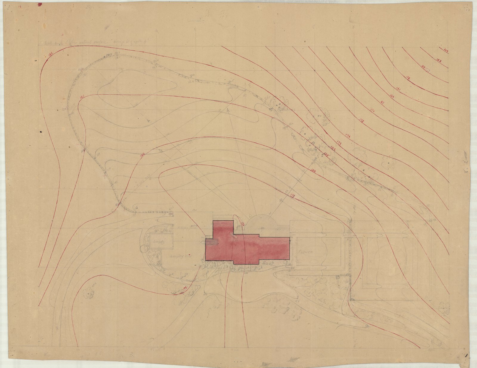 Contour study with the house block washed in red. Olmsted job 01092.