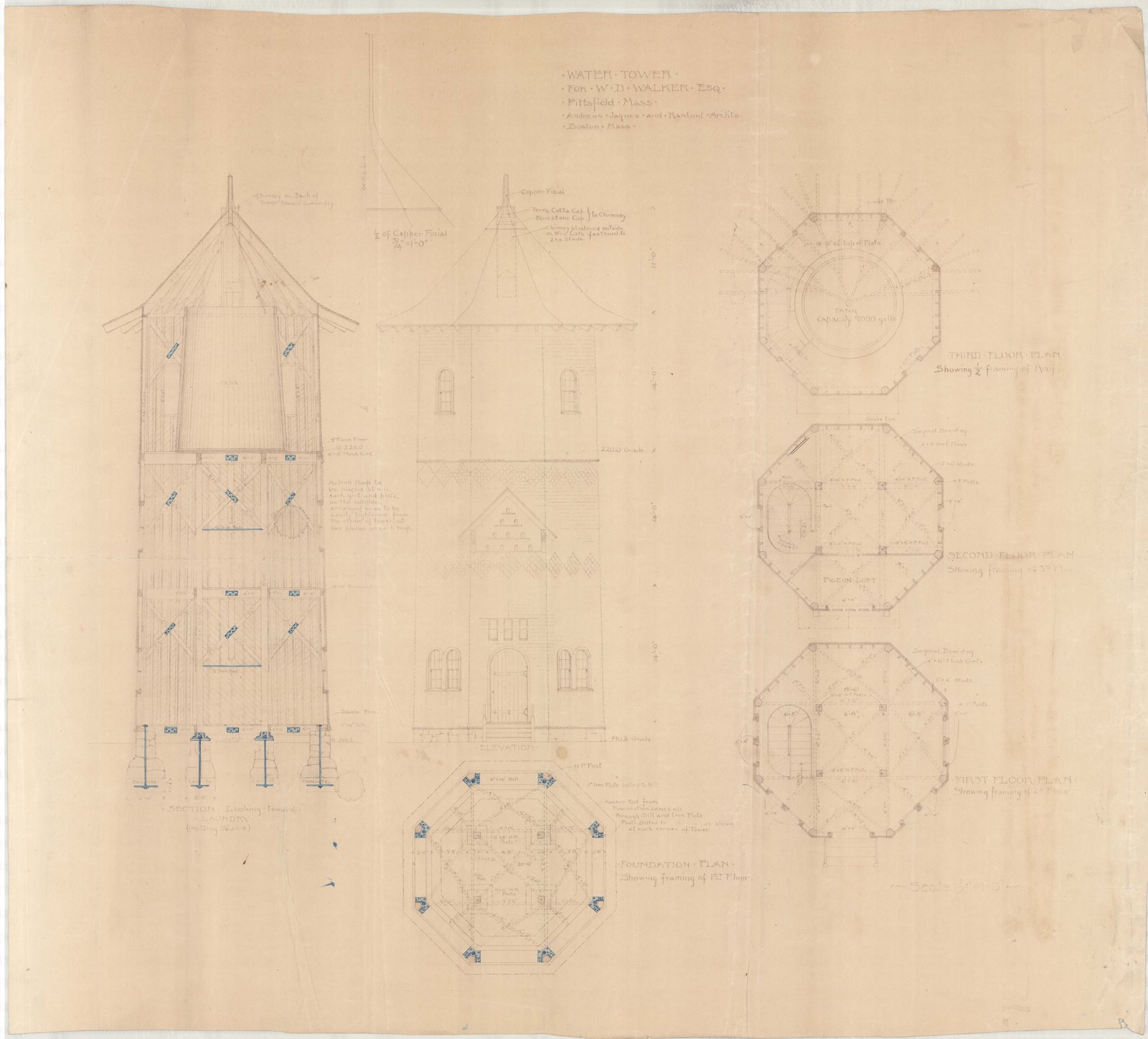 Elevations and octagonal plans, with the framing set out. Olmsted job 01092.