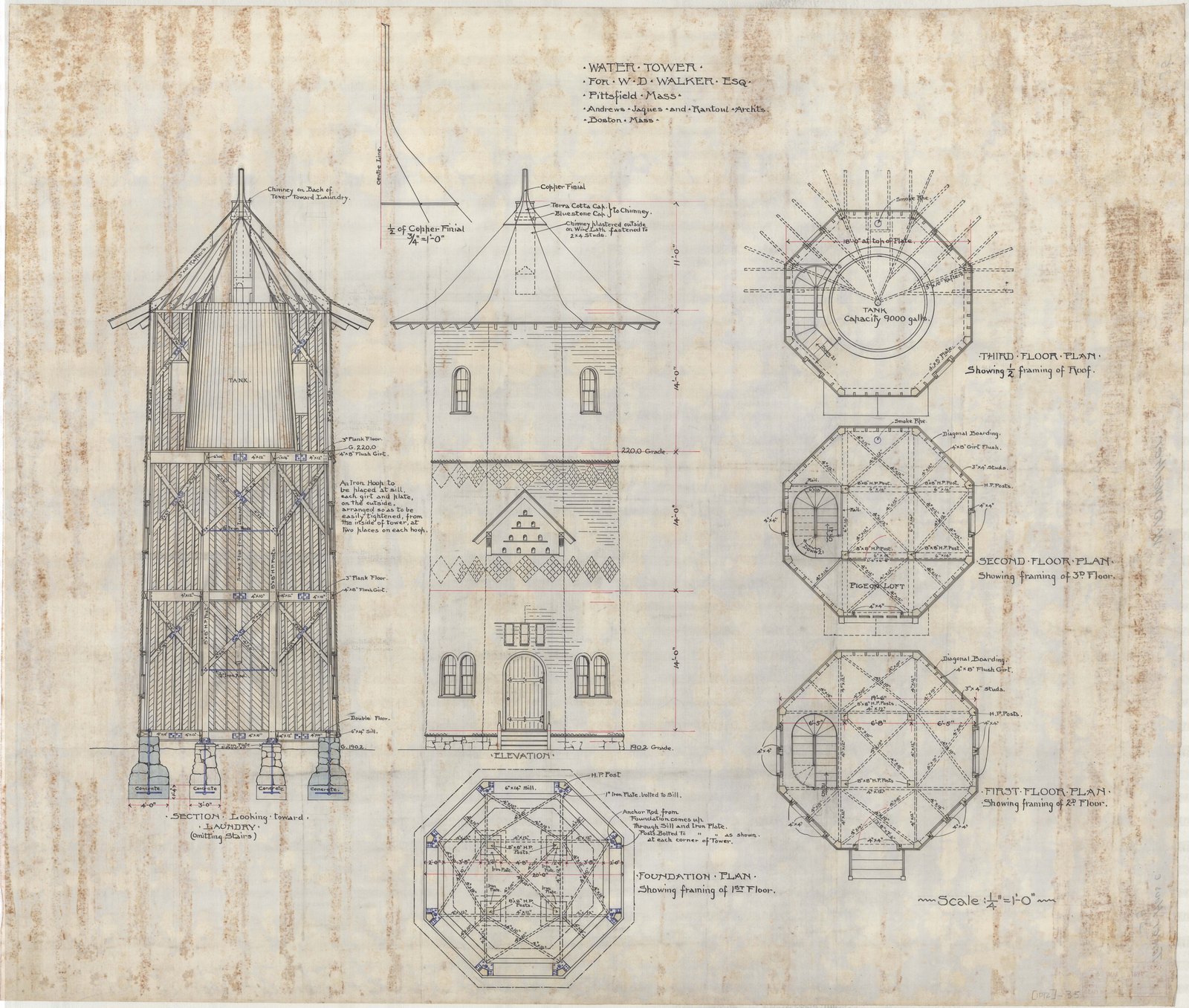 Elevations of the tower with the octagonal framing plans worked out beside them. This is the carpentry drawing: eight posts, three tiers of bracing, and a tank on top of it.