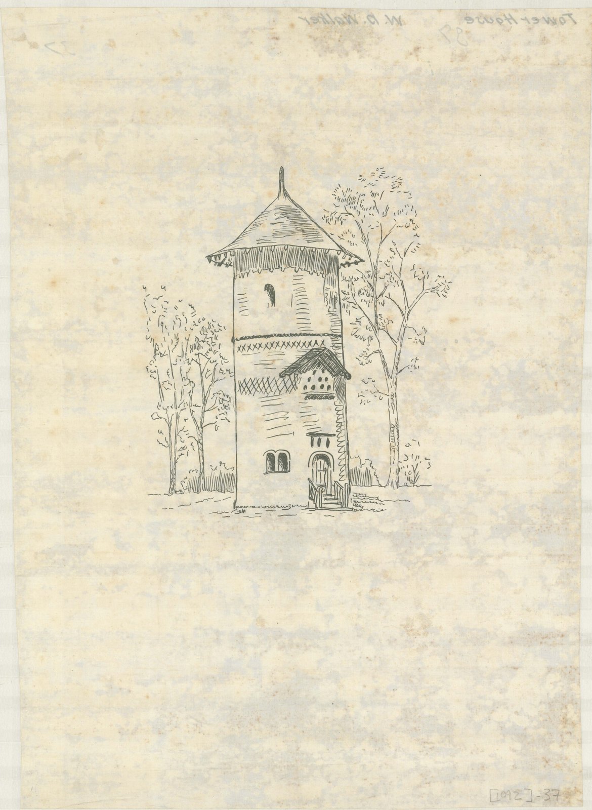 Perspective of the tower among trees, in pencil. Olmsted job 01092.