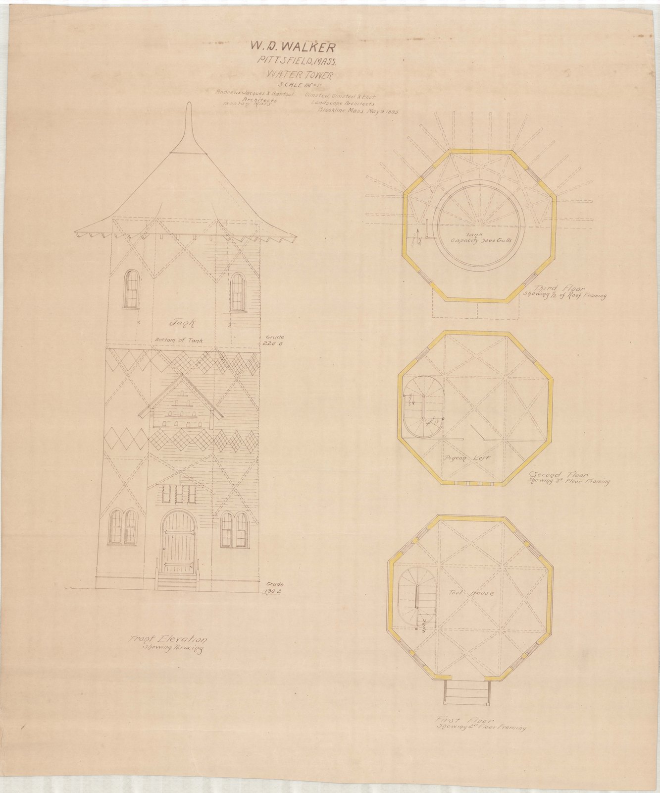 Elevation and three octagonal plans, on pink paper. Olmsted job 01092.