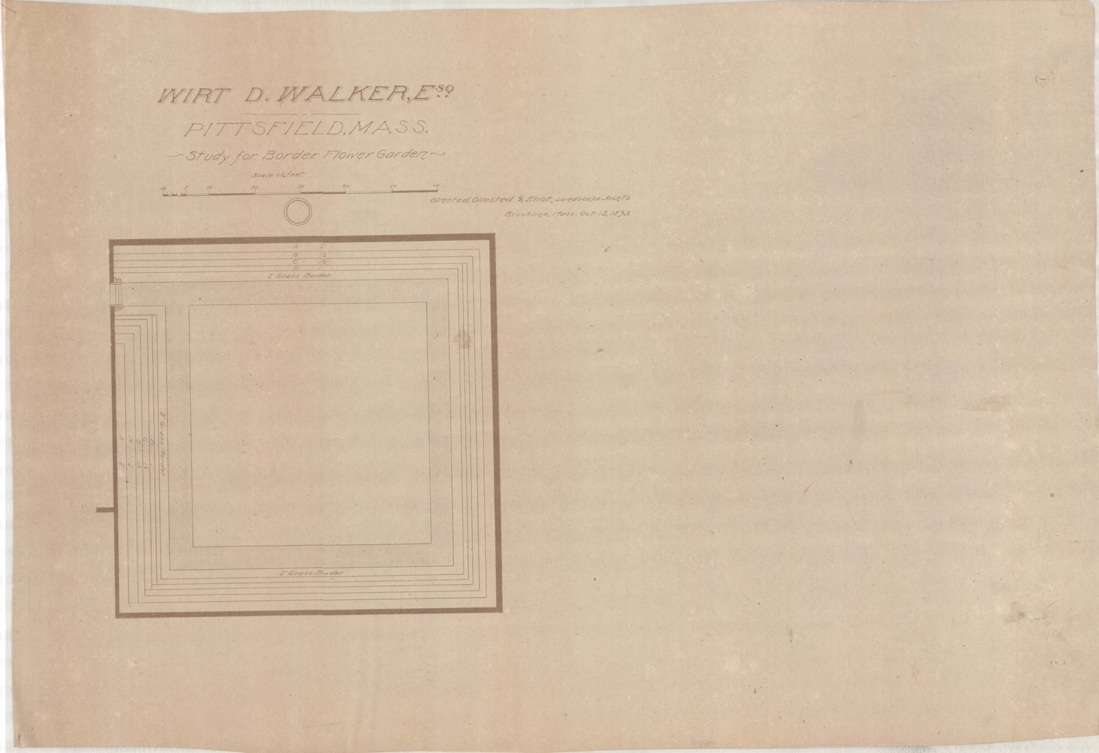 A second study for the border flower garden, on pink paper. Olmsted job 01092.