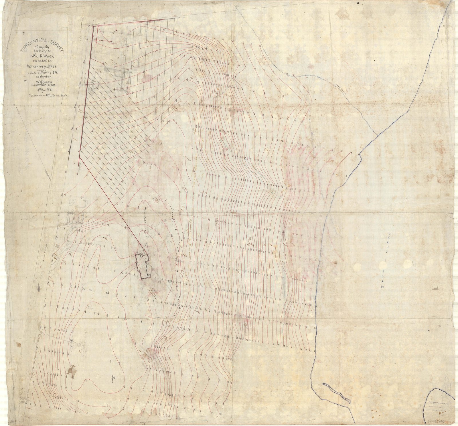 Survey of the wider property, the lot lines and the field boundaries drawn in. Olmsted job 01092.