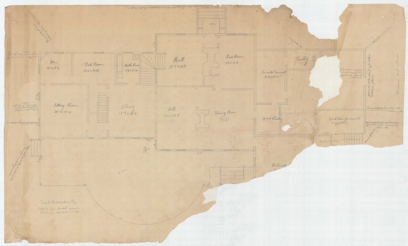 Floor plan of the house, the rooms named. Olmsted job 01092.