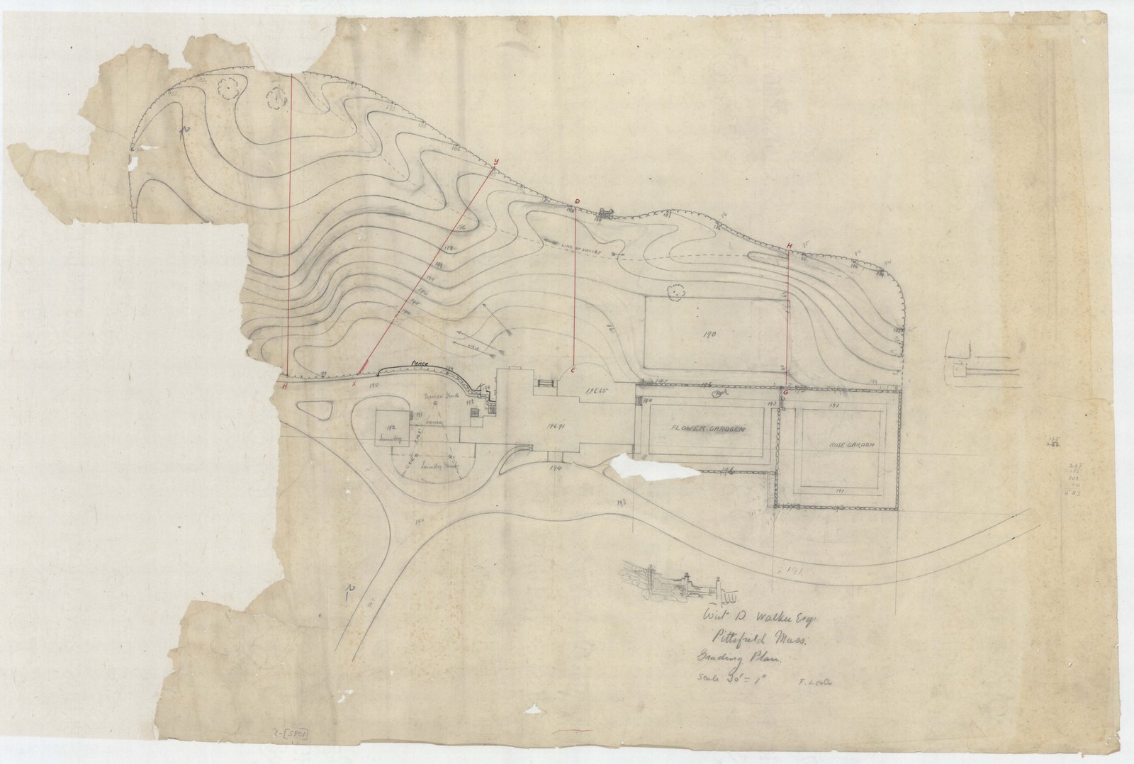 Contour study of the ground near the house, in pencil over the survey. Olmsted job 01092.
