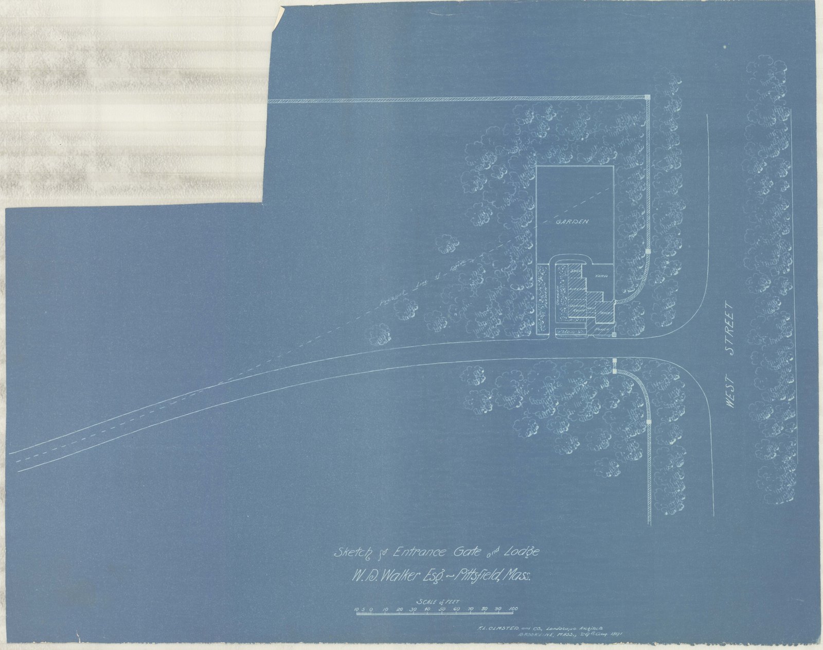 “Sketch for Entrance Gate and Lodge / W. D. Walker Esq. ~ Pittsfield, Mass.” — “F. L. OLMSTED and CO., Landscape Architects, BROOKLINE, MASS., 29th Aug. 1891.” Blueprint.