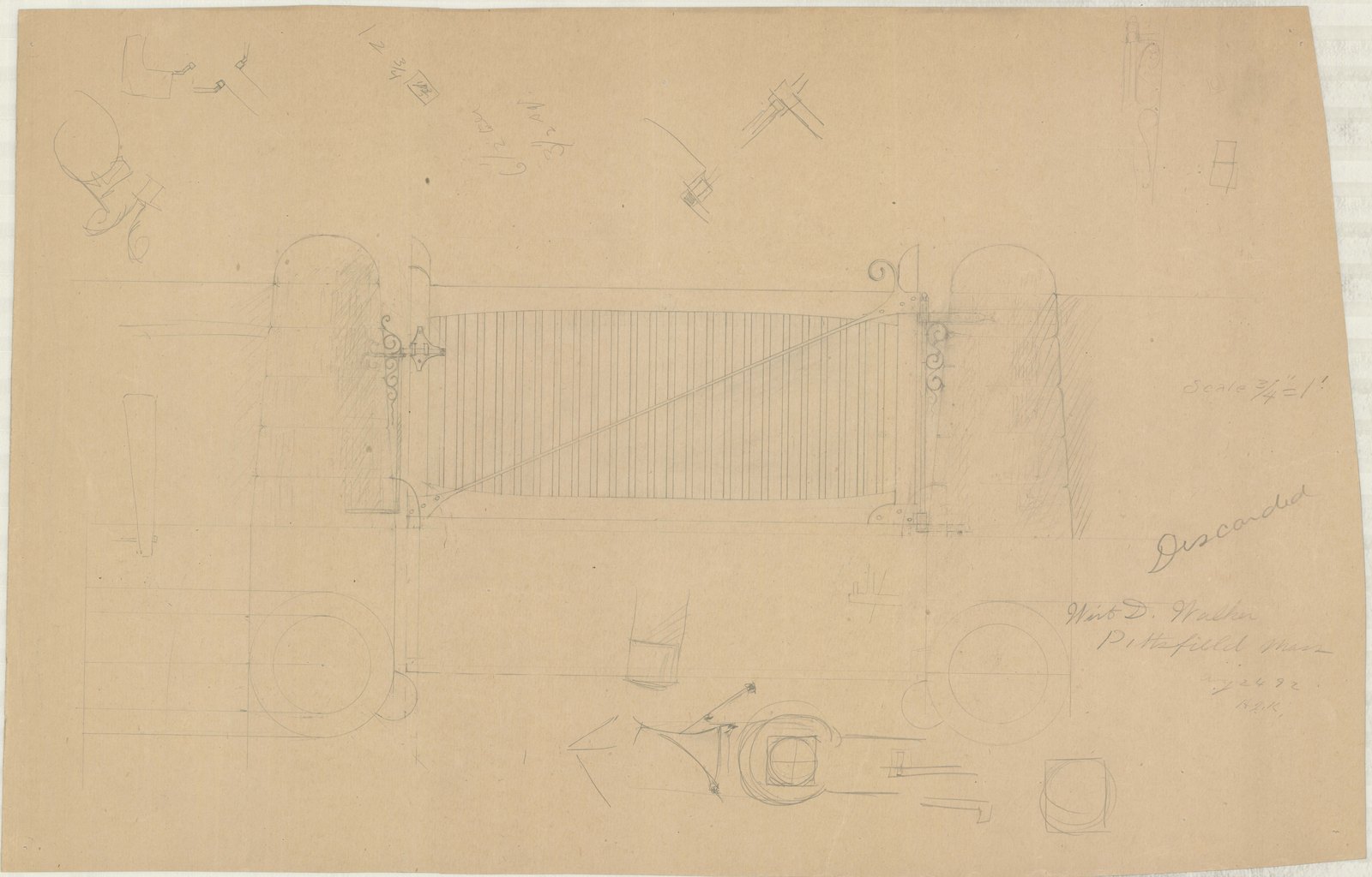 Elevation of a length of fence and its return. Olmsted job 01092.