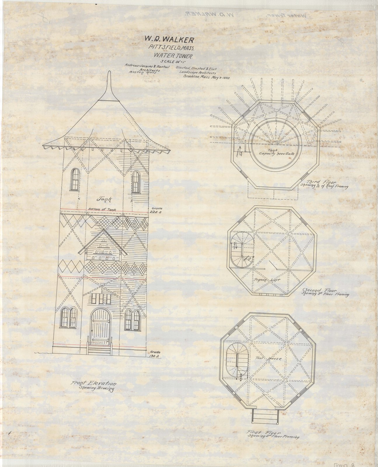 Elevation of the tower with three octagonal plans below it. Olmsted job 01092.
