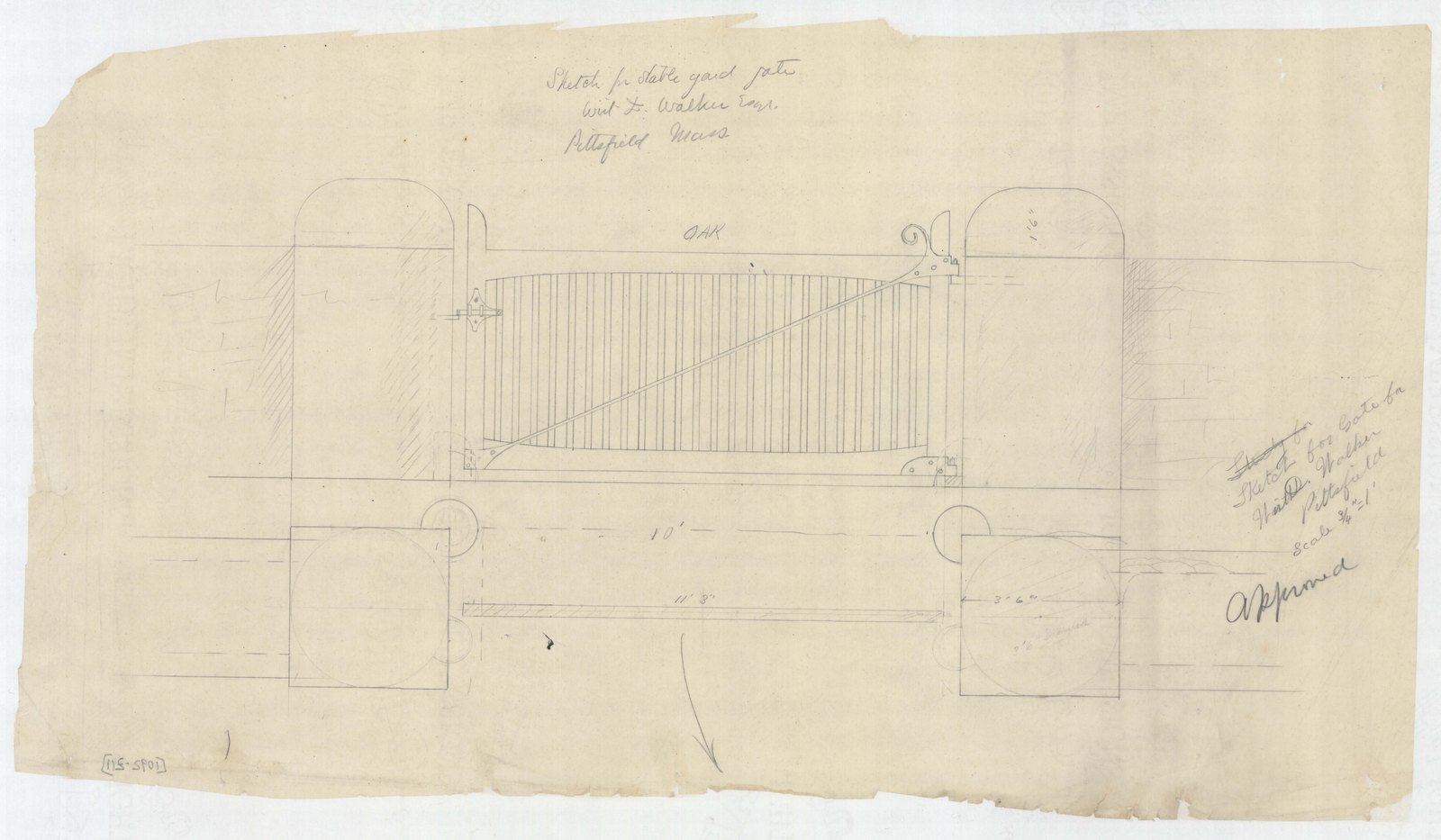 Elevation of a gate between piers, with the wall beside it. Olmsted job 01092.