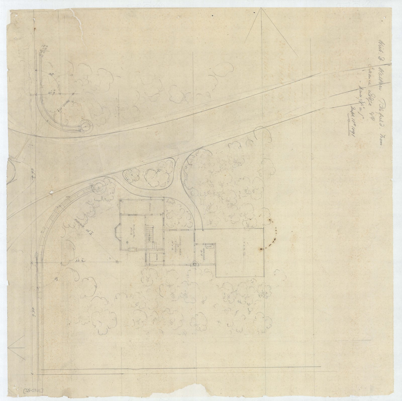 Study of the entrance gate and lodge, the planting washed in green. Olmsted job 01092.