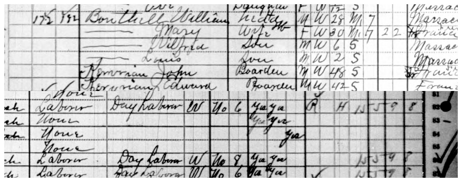 Sheet 11B. Two brothers, forty-eight and forty-two, boarding in a house of six. Both born France, both arrived 1902, both entered as speaking French rather than English, both at day labor — eight weeks and six weeks out of work.