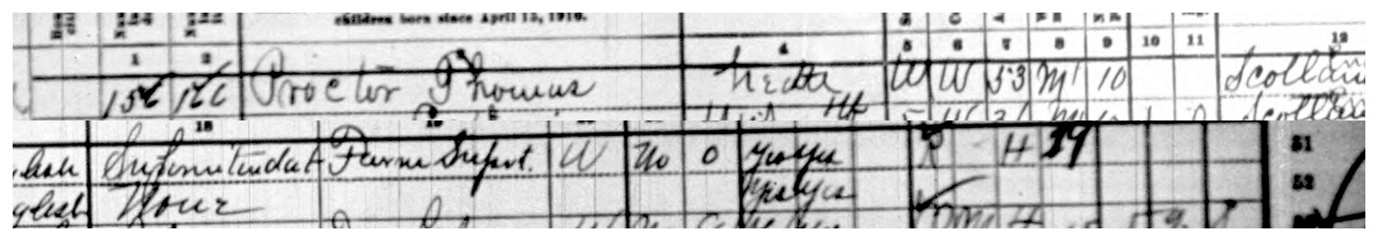 Sheet 10B, the first household on the page: fifty-three, born Scotland, in the country since 1884 — superintendent of a farm.