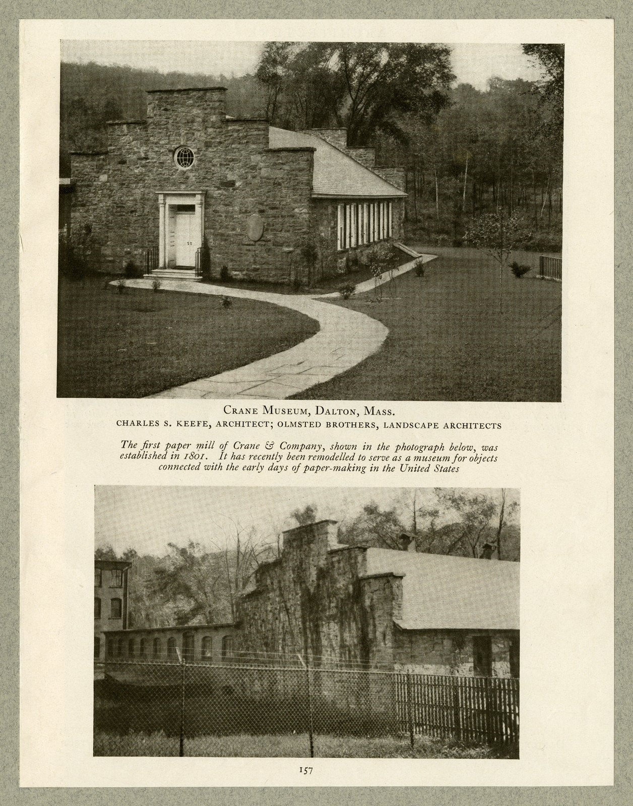 A tear sheet from the magazine <cite>Architecture</cite>, March 1931. The caption reads: “CRANE MUSEUM, DALTON, MASS. CHARLES S. KEEFE, ARCHITECT; OLMSTED BROTHERS, LANDSCAPE ARCHITECTS.”
