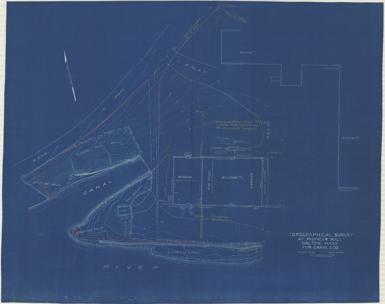 Plan 1, 14 September 1929. “Topographical Survey At Pioneer Mill, Dalton, Mass. For Crane & Co. Scale 1” = 10’.” Sheet 36½ by 45 inches. Inventory note: “Notes on proposed landscape about Museum showing stone wall & picket fence. Plan by A.A. Fobes C.E. Pittsfield, MA.”