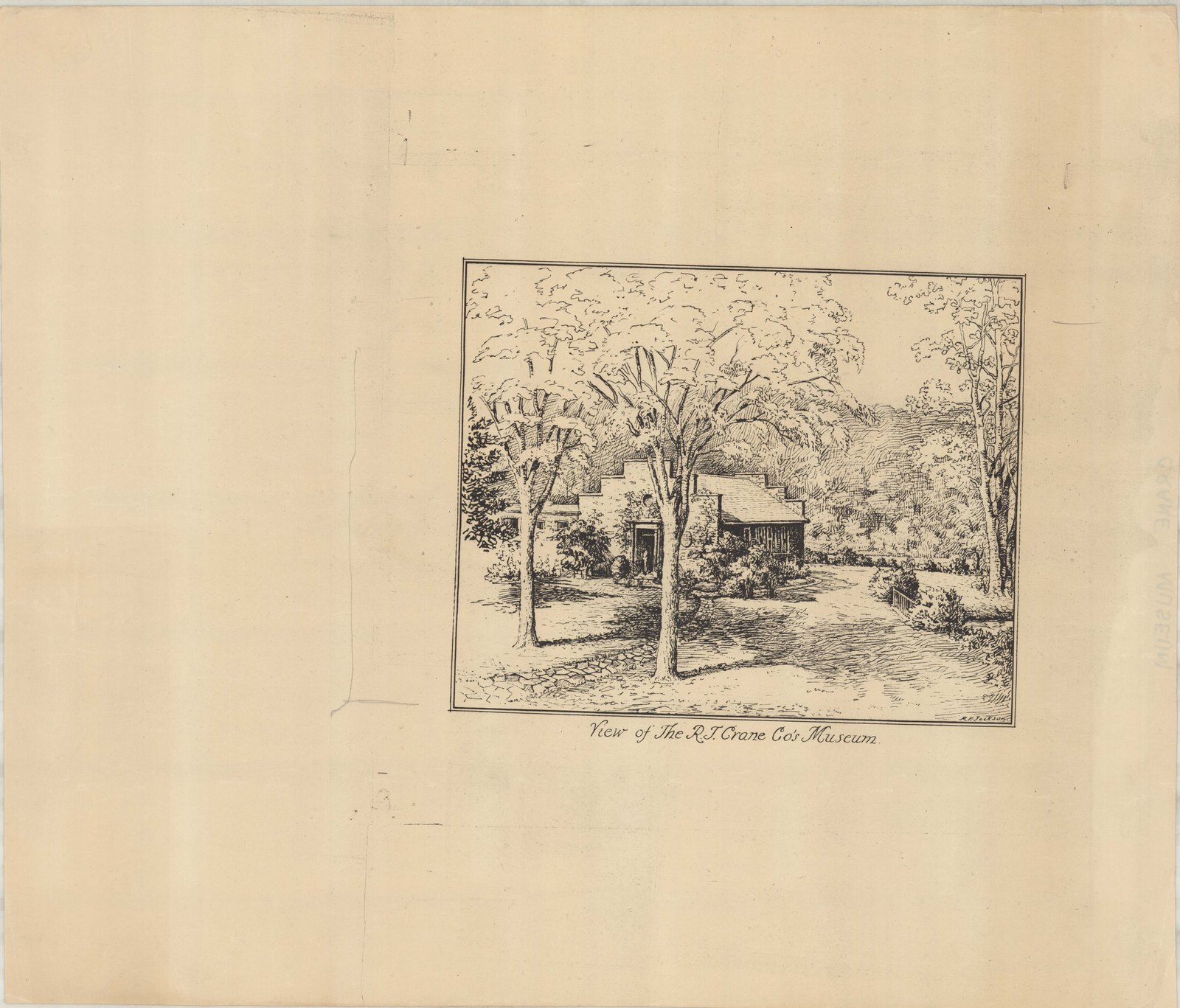 Plan 11, print 1, no date. “View of R.T. Crane & Co. Museum. Scale Perspective.” Inventory note: “R.F. Jackson. View of Museum & Canal with single figure in doorway, no wall.” The R.T. is the title block’s.