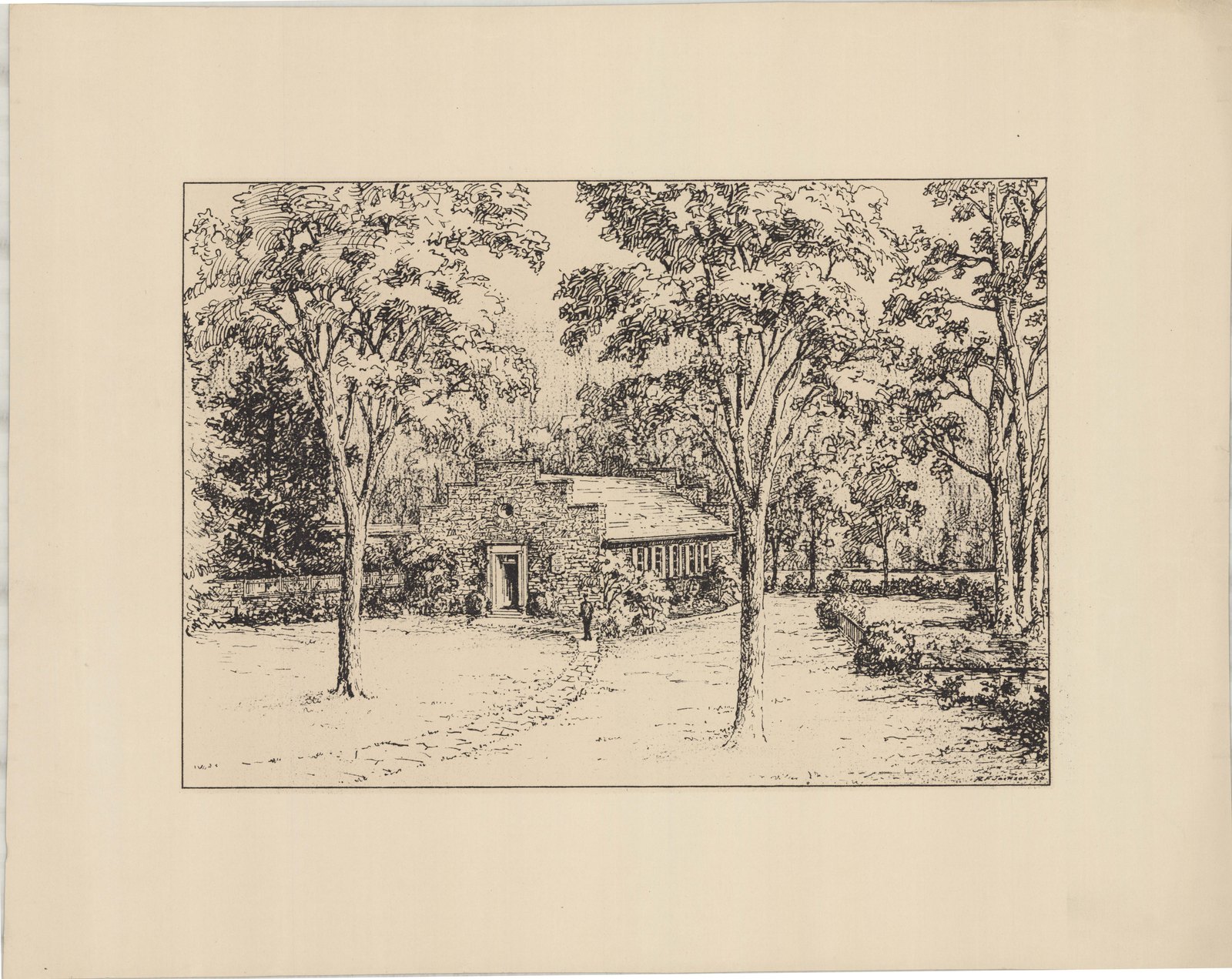 Plan 11, print 2, 1930. “Crane Museum. Scale Perspective.” Inventory note: “R.F. Jackson, 30. View of Museum and canal with stone wall & fence, figure on walk.”