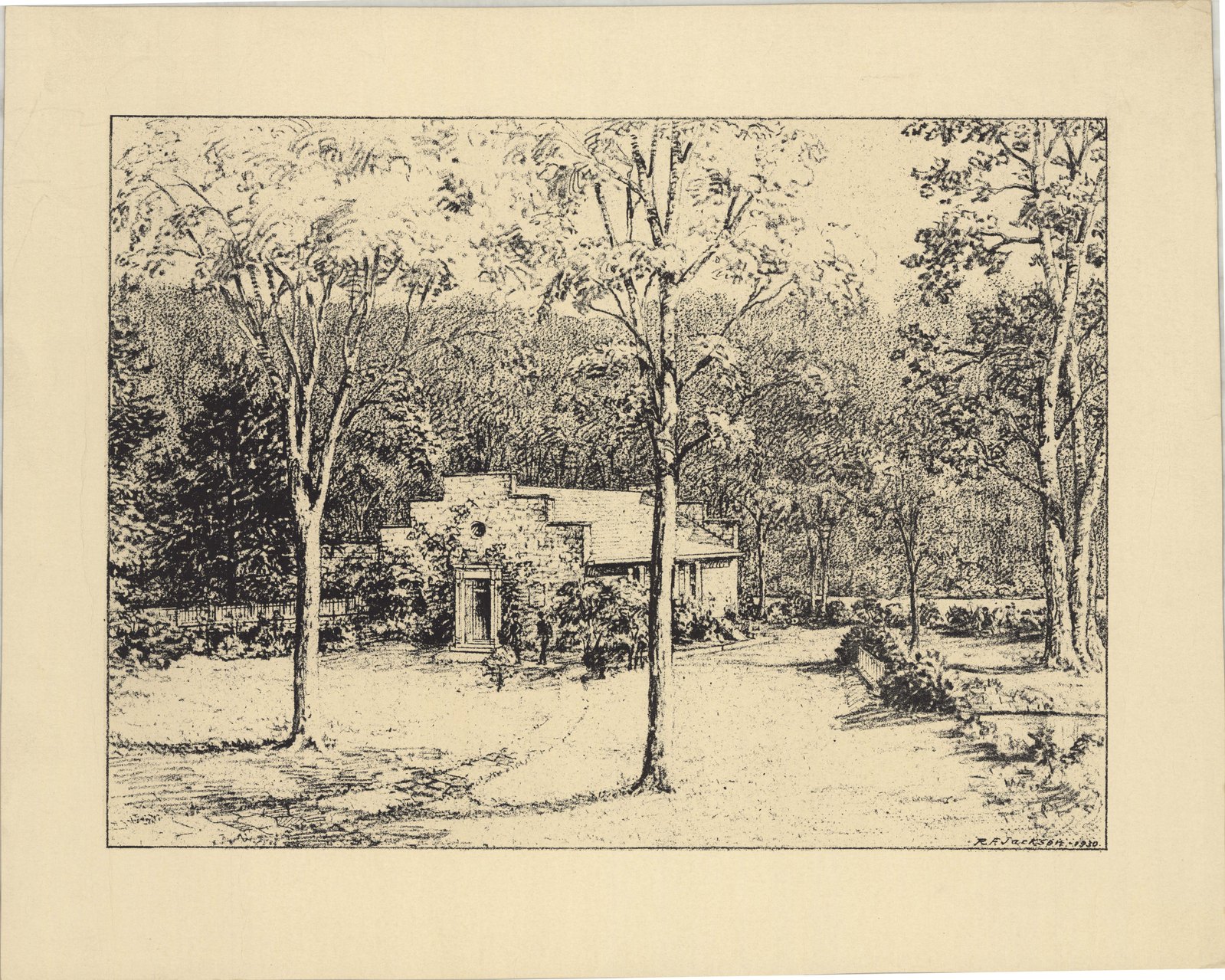 Plan 11, print 3, 1930. Inventory note: “R. F. Jackson - 1930. Museum, canal with stone wall & fence.”