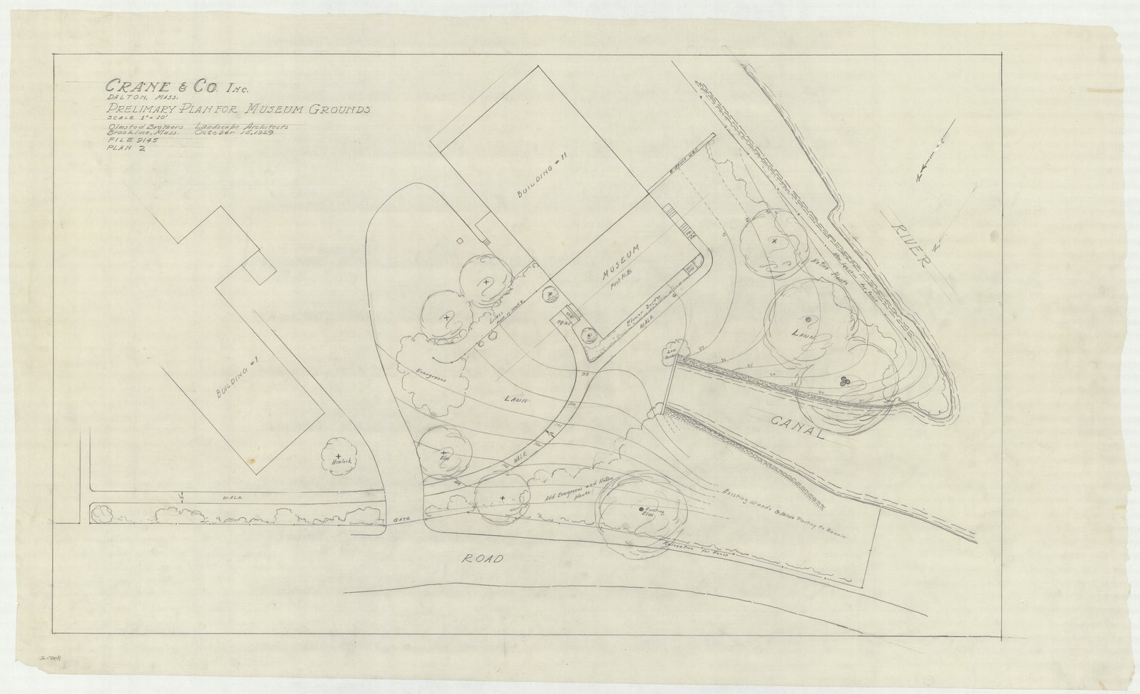 Plan 2, 15 October 1929. “Crane & Co. Inc. Dalton, Mass. Preliminary Plan For Museum Grounds.” Sheet 29 by 48½ inches. Inventory note: “Building #11, Museum, trees & walk. River & Canal.”