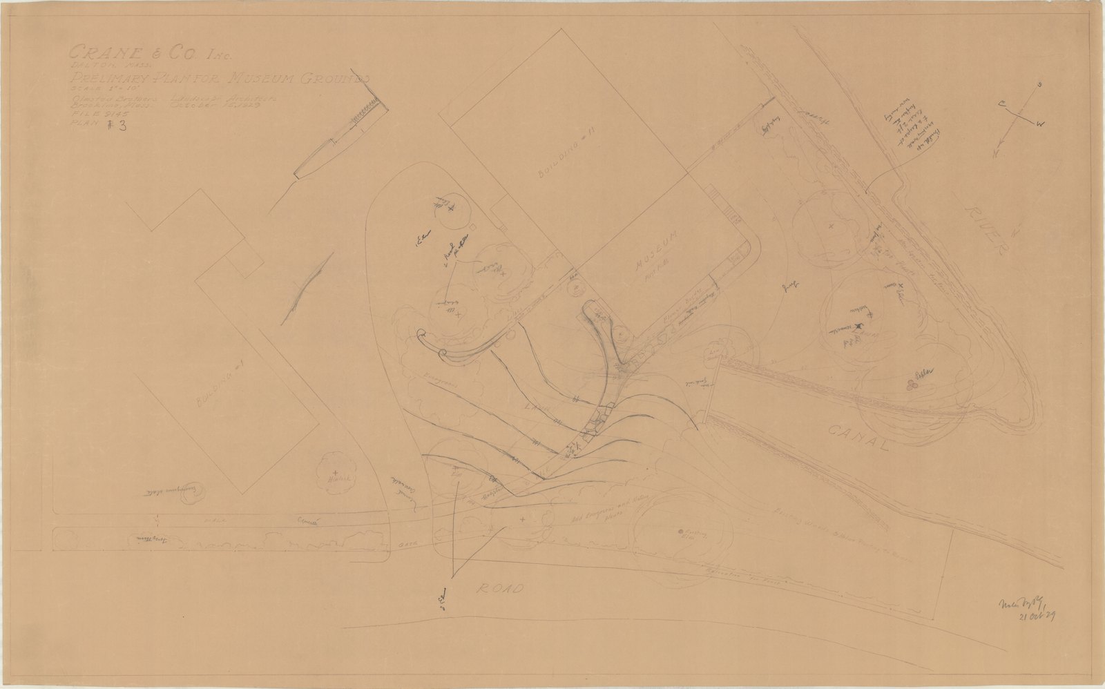 Plan 3, 21 October 1929. “Preliminary Plan For Museum Grounds. Notes by PG.” Inventory note: “Planting & Grading notes for walk. Sketch of walk layout verso.”