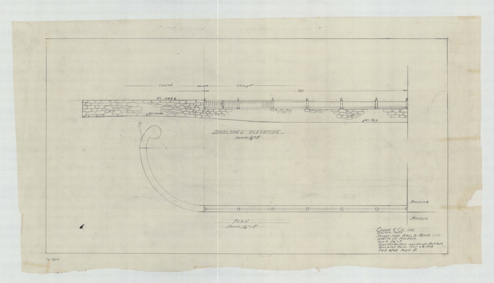 Plan 5, 29 October 1929. “Study For Wall & Fence North of Museum. Scale 1/4” = 1’.” Inventory note: “Plan & Developed Elevation.”