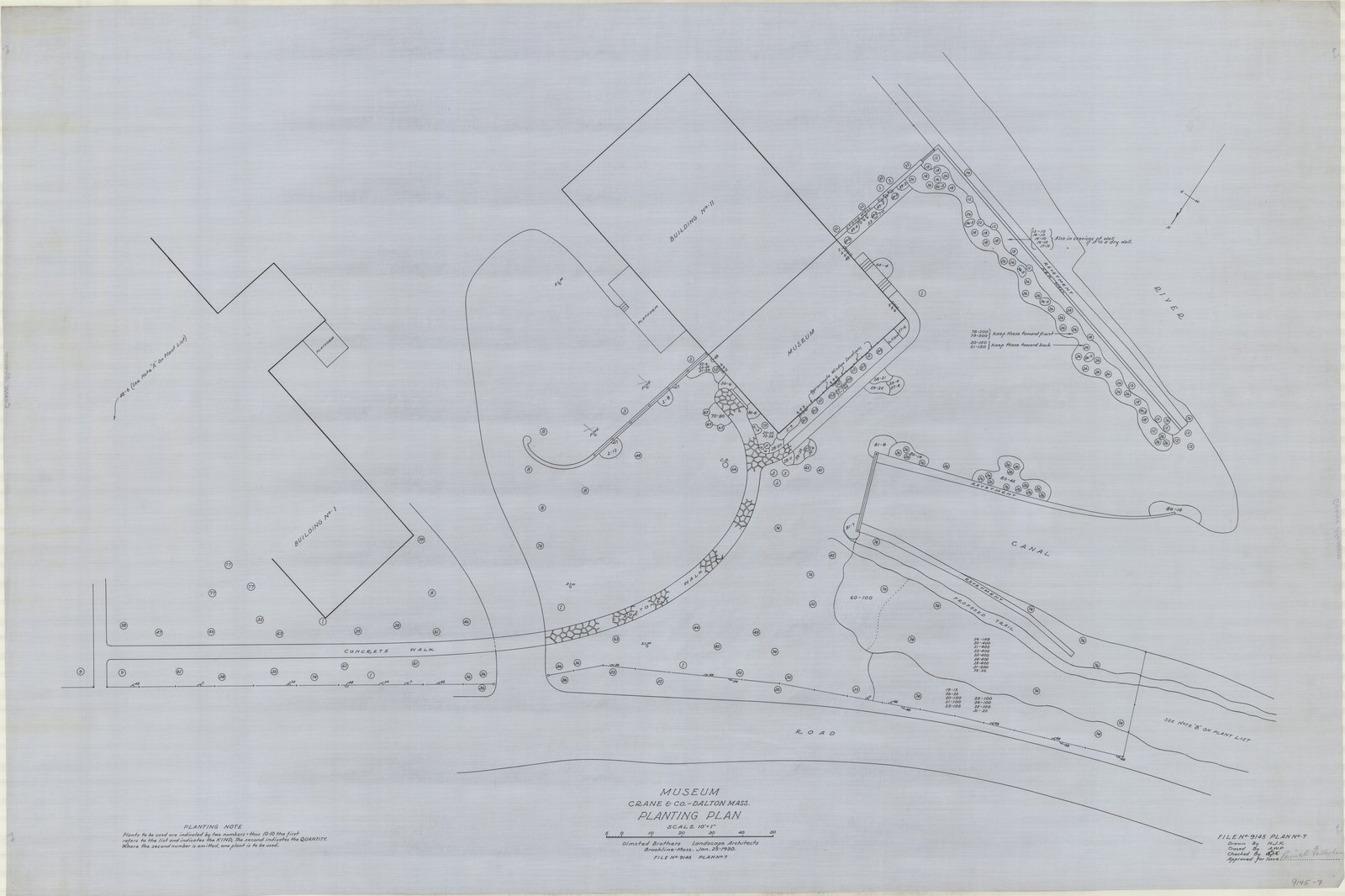Plan 7, 25 January 1930. “Museum, Crane & Co., Dalton, Mass. Planting Plan.” Inventory note: “Planting Plan with standard note, planting numbers and notes. See Note A & B on Plant List. Proposed trail on canal bank.”