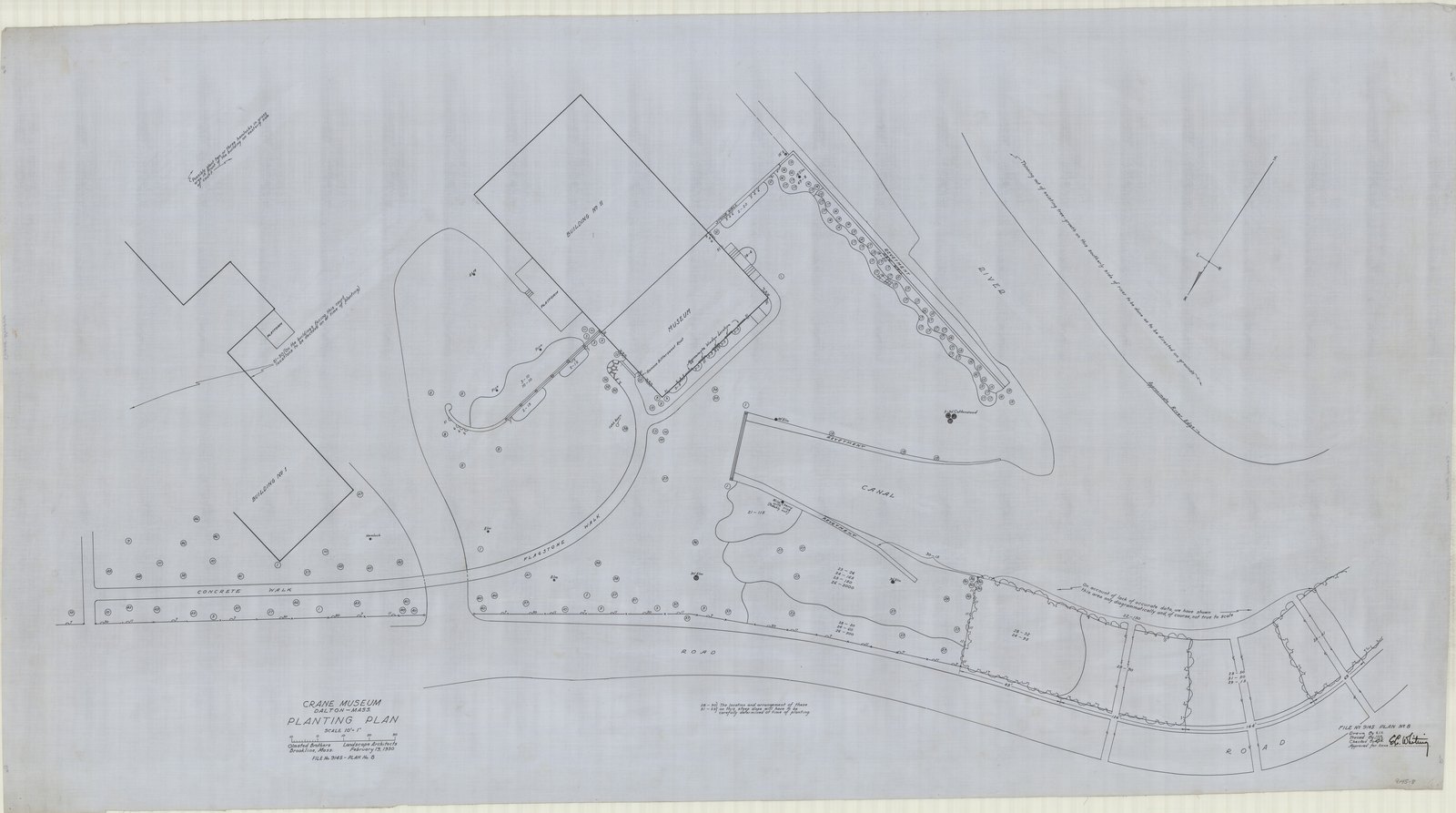 Plan 8, 19 February 1930. “Crane Museum, Dalton, Mass. Planting Plan.” Sheet 30¾ by 56 inches. Inventory note: “Planting numbers & notes, with suggestions.”