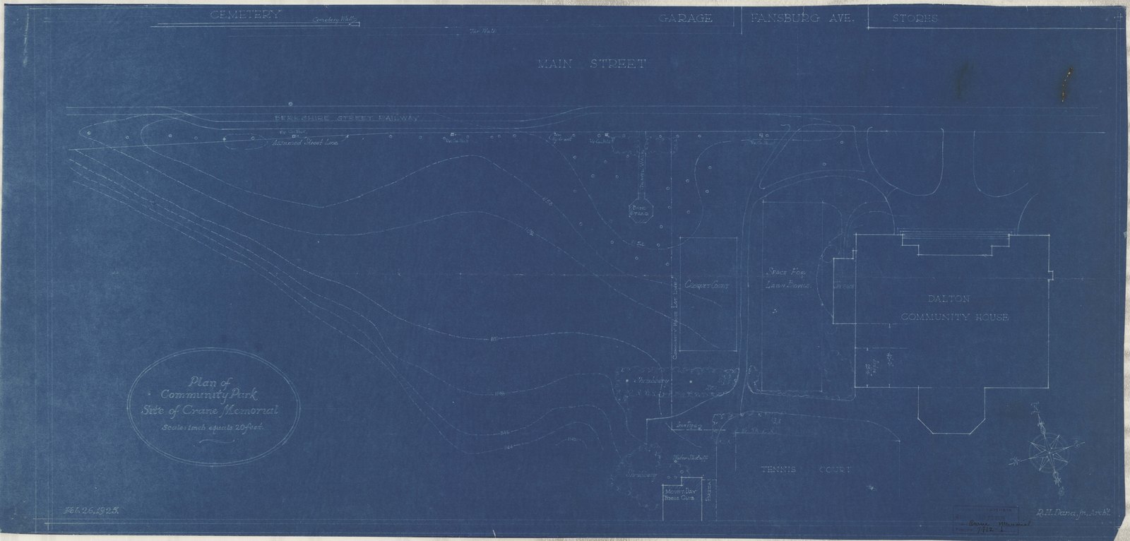 Plan 1, 26 February 1925. “Plan of Community Park Site of Crane Memorial. Scale 1” = 20’.” Sheet 17 by 35½ inches. Inventory note: “Main Street, west of Dalton Community House.”